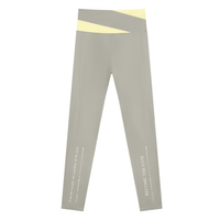 AW color block leggings in Light Gray with Light Yellow, back, I am the weight line up the left leg and Become the Gym up the right
