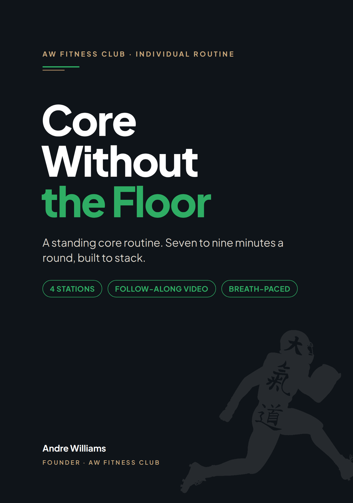 Core Without the Floor cover, an AW Fitness Club individual routine: four stations, follow-along video, breath-paced