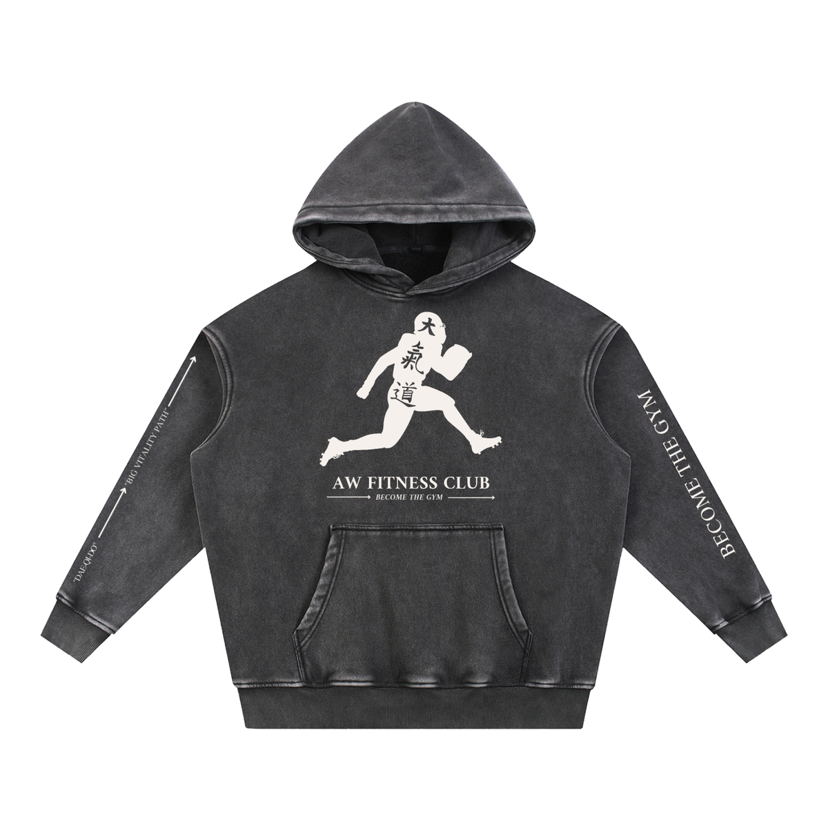 Runningman Snow Wash Hoodie in Black, front, Runningman figure with the Daeqido characters 大氣道 on the chest over AW Fitness Club and Become the Gym, sleeve bands reading Become the Gym and Dae-Qi-Do to Big Vitality Path with the arrows pointing up