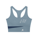 AW color block crop top in Gray Blue with Navy Blue, front, AW monogram on the chest and the runner mark at the hem