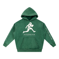 Runningman Snow Wash Hoodie in Dark Green, front, Runningman figure with the Daeqido characters 大氣道 on the chest over AW Fitness Club and Become the Gym, sleeve bands reading Become the Gym and Dae-Qi-Do to Big Vitality Path with the arrows pointing up