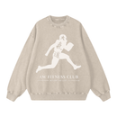 Runningman snow wash sweatshirt in Sand, front, AW Fitness Club runner lockup with the Become the Gym tagline