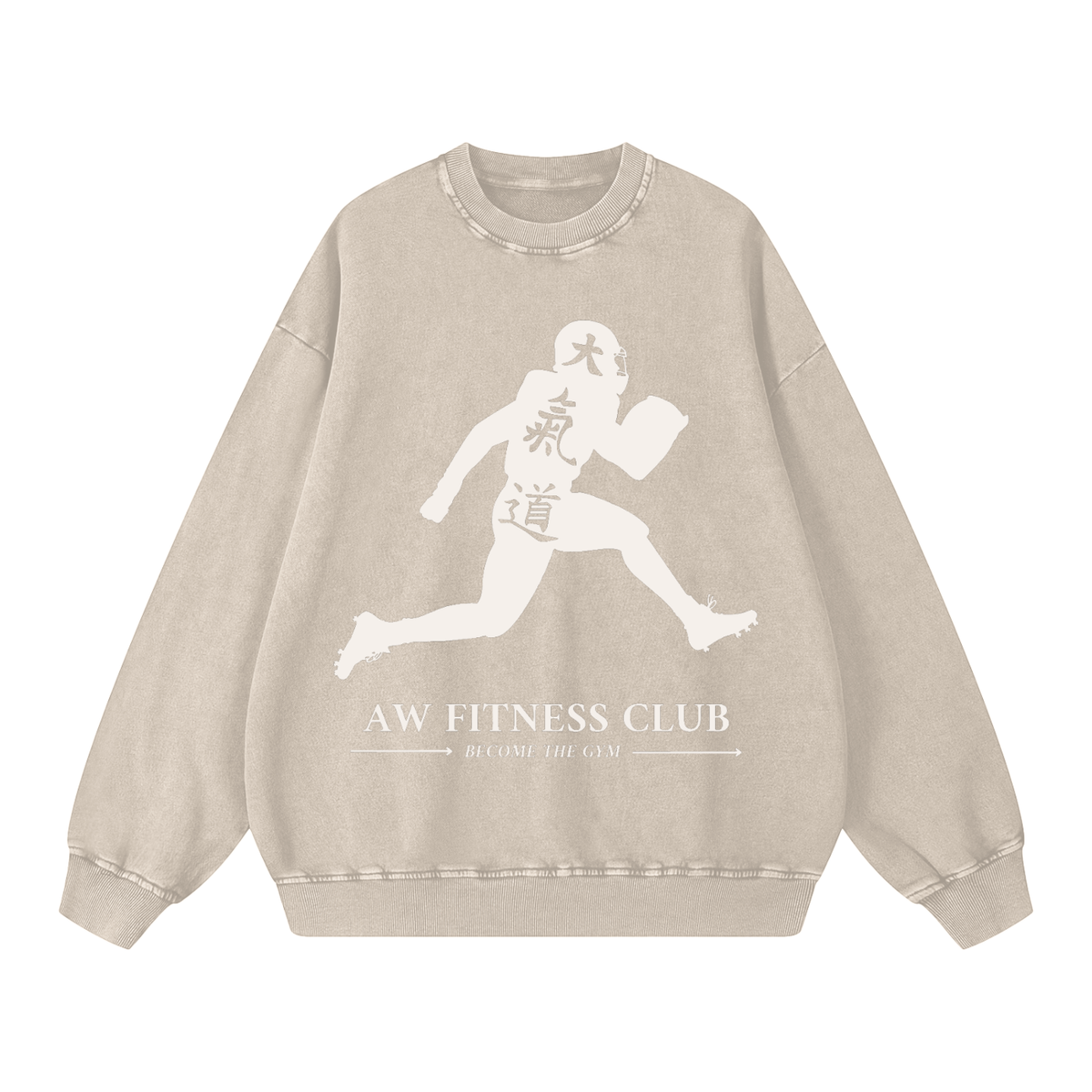 Runningman snow wash sweatshirt in Sand, front, AW Fitness Club runner lockup with the Become the Gym tagline