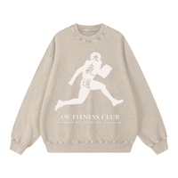 Runningman snow wash sweatshirt in Sand, front, AW Fitness Club runner lockup with the Become the Gym tagline