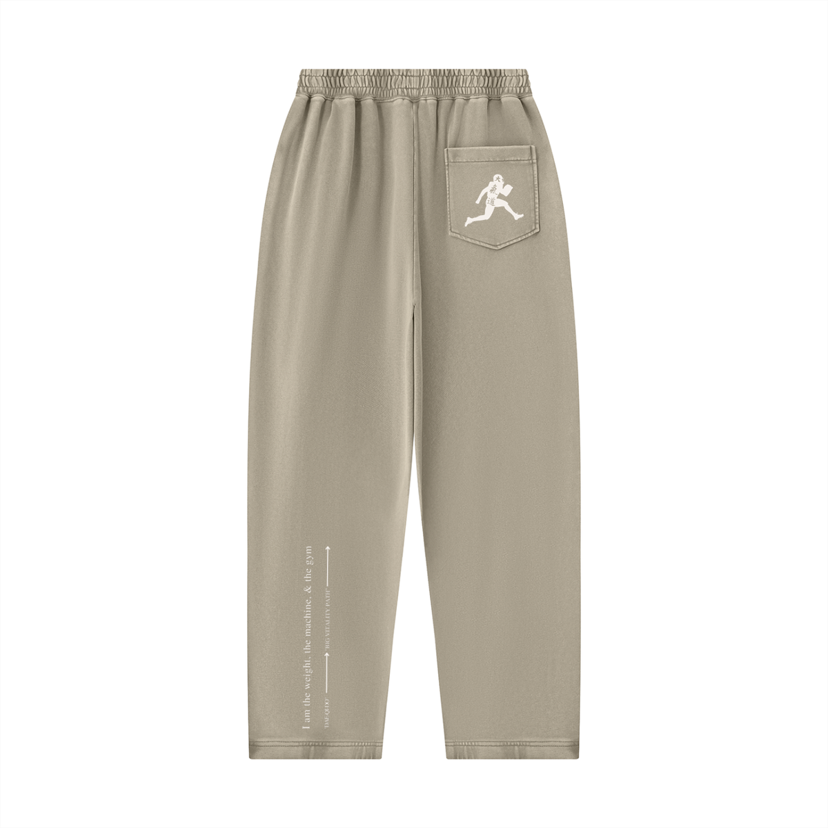 Runningman mineral wash sweatpants in Khaki, back, runner mark on the pocket and the I am the weight line up the left leg